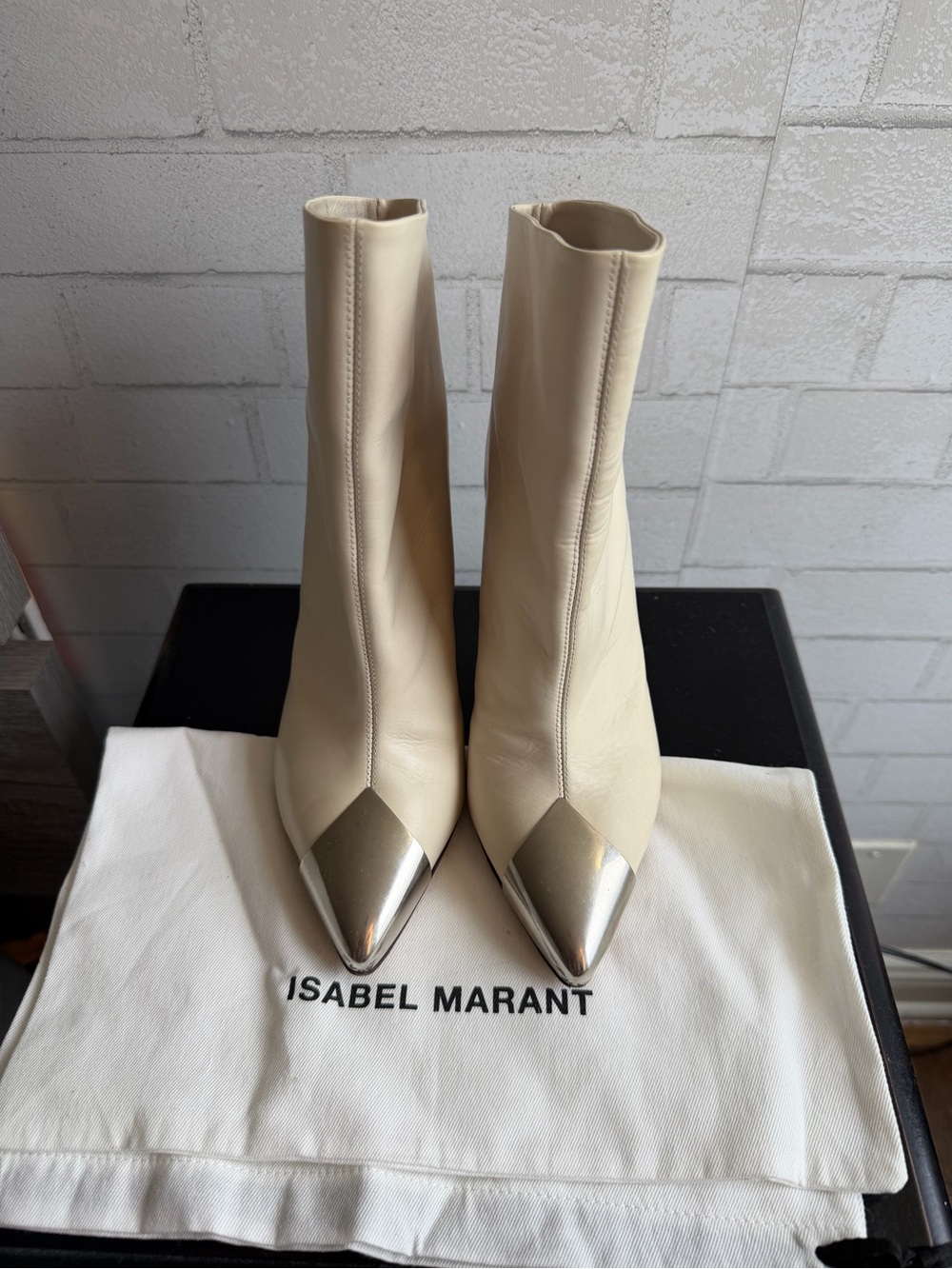 Authentic Isabel Marant Cream Leather Ankle Boots with Silver Pointed Caps
